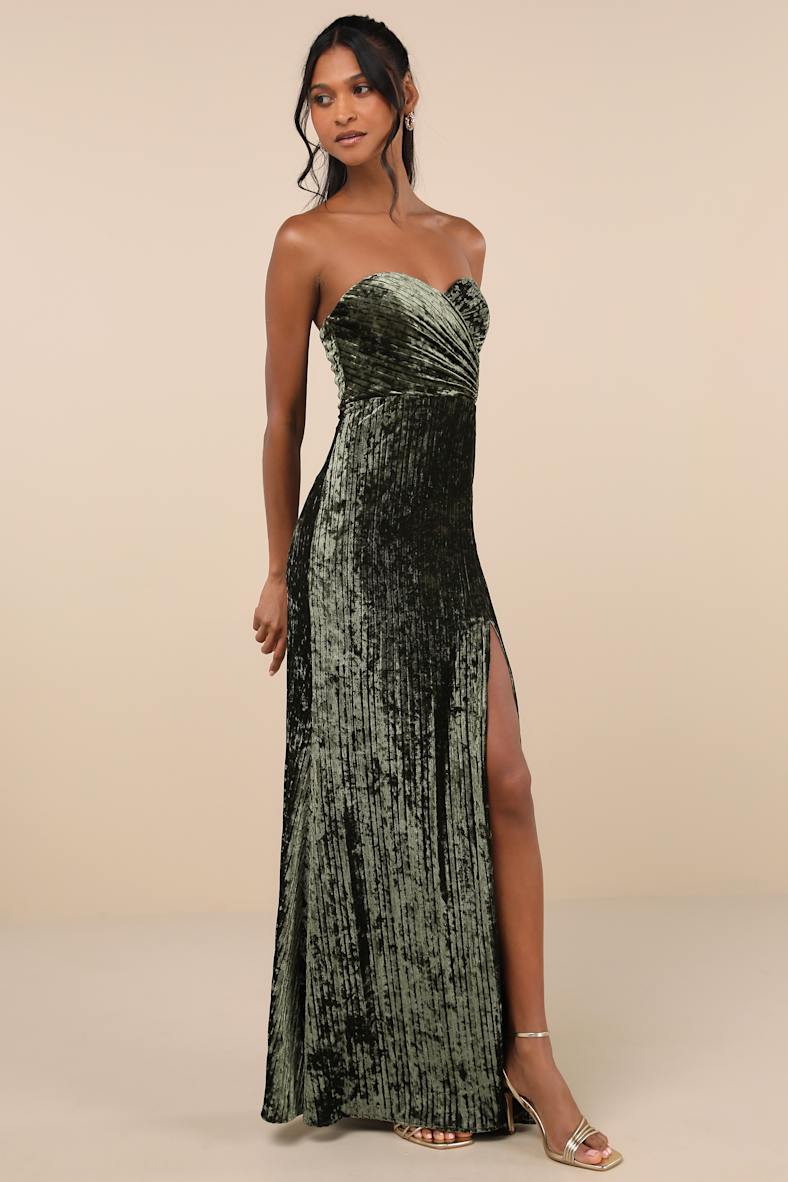 Classy Sensation Olive Velvet Pleated Strapless Maxi Dress