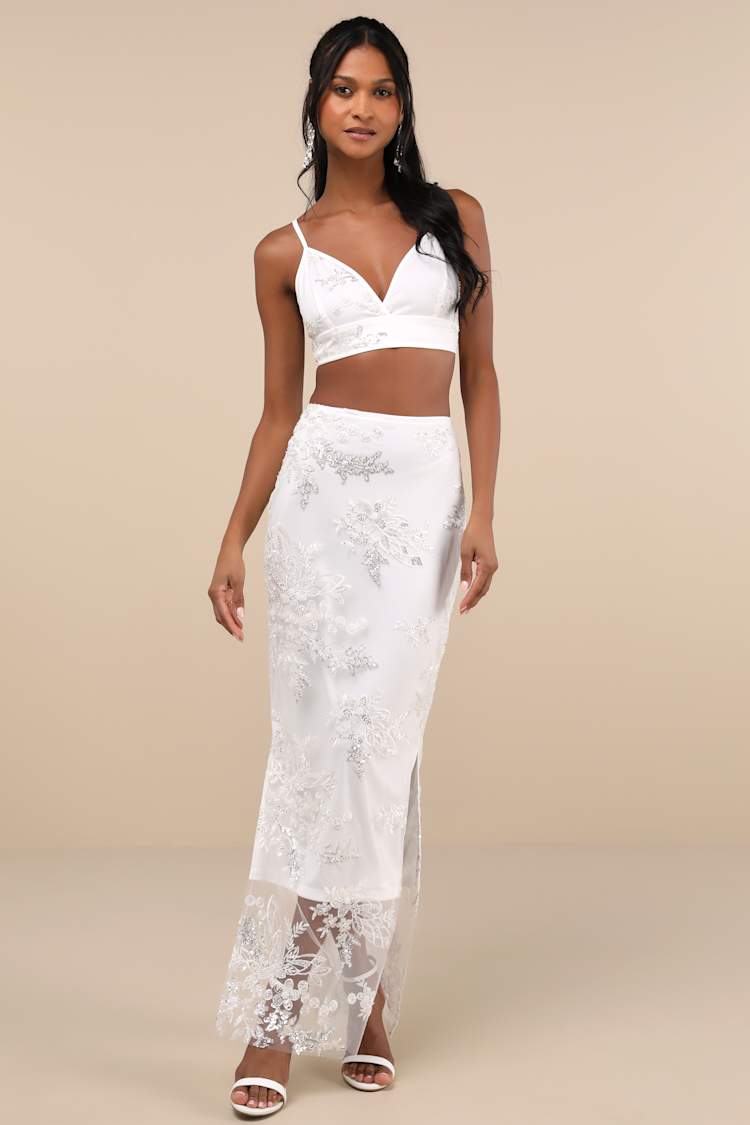 sachin and babi light blue dress White Two-Piece Dress - Embroidered Mesh Dress - Sequin Dress