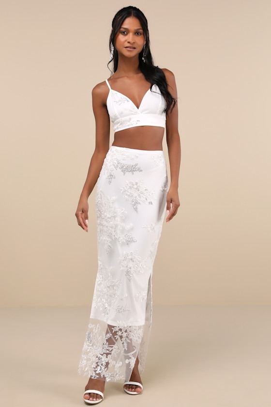 Luminescent Aura White Embroidered Mesh Two-Piece Maxi Dress 2