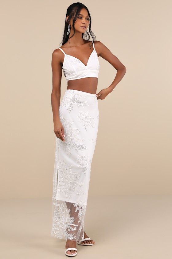 LULUS LUMINESCENT AURA WHITE EMBROIDERED MESH TWO-PIECE MAXI DRESS 