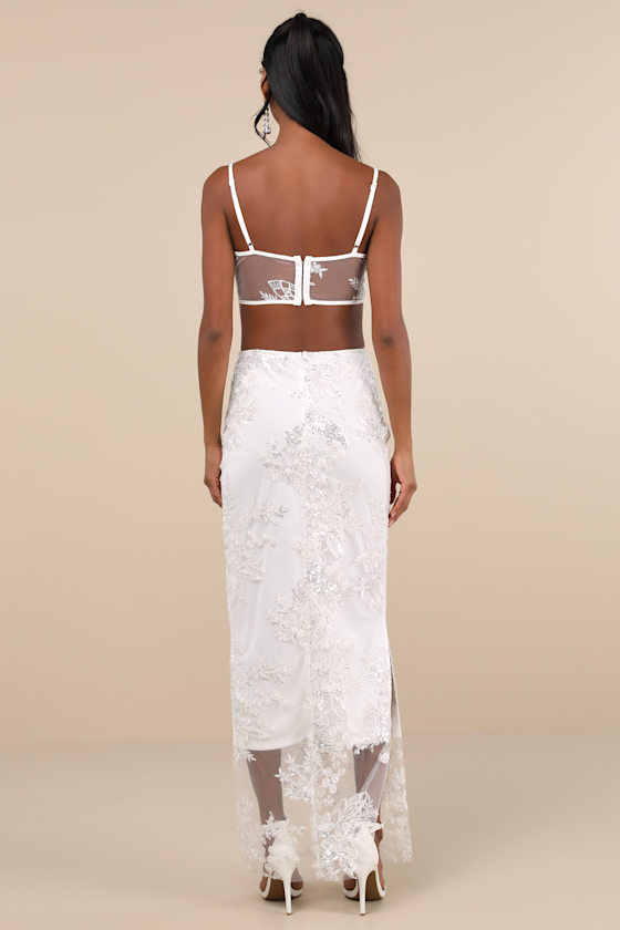 LULUS LUMINESCENT AURA WHITE EMBROIDERED MESH TWO-PIECE MAXI DRESS 