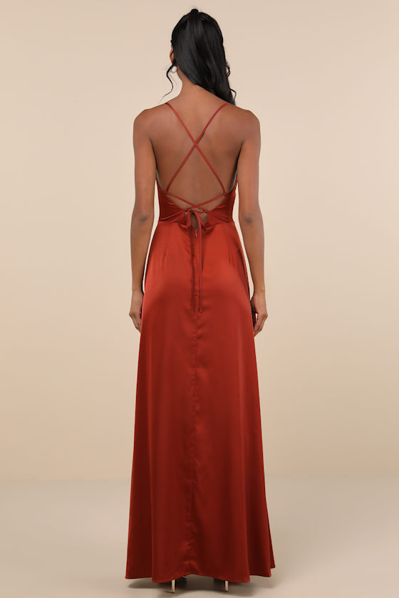 Lulus So Loving Rust Orange Satin Pleated Lace-up Backless Maxi Dress In Rust Orange