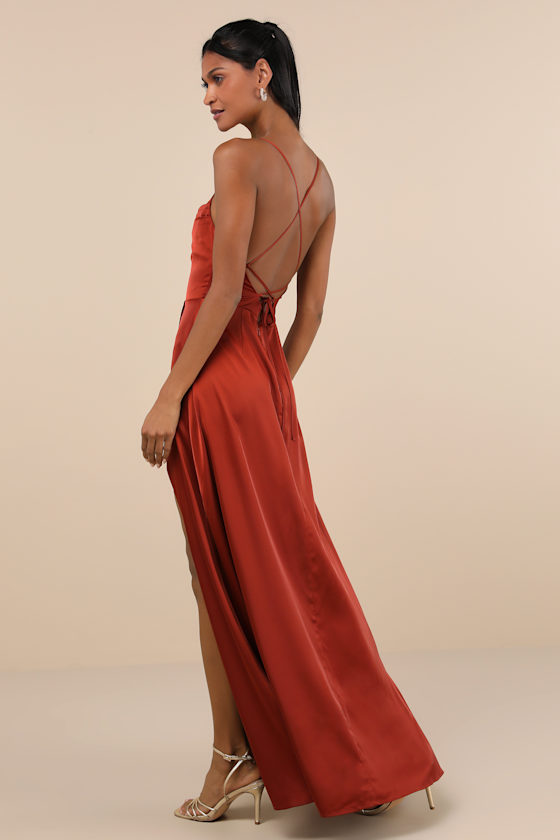 Lulus So Loving Rust Orange Satin Pleated Lace-up Backless Maxi Dress In Rust Orange