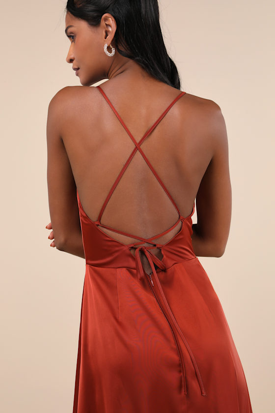 Lulus So Loving Rust Orange Satin Pleated Lace-up Backless Maxi Dress In Rust Orange