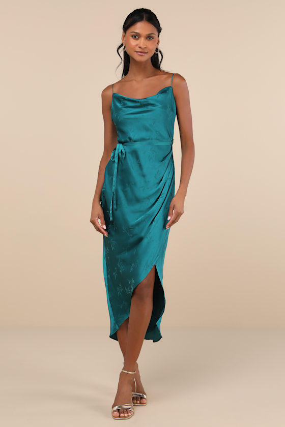 Lulus Sophisticated Sight Teal Green Satin Jacquard Cowl Midi Dress In Teal Green