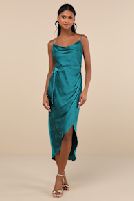Sophisticated Sight Teal Green Satin Jacquard Cowl Midi Dress