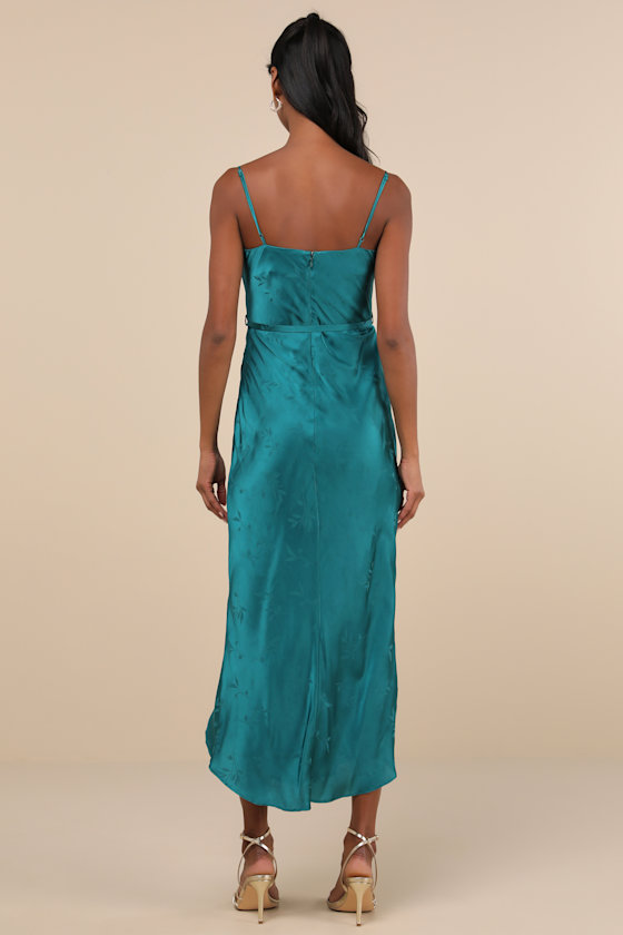 Lulus Sophisticated Sight Teal Green Satin Jacquard Cowl Midi Dress In Teal Green