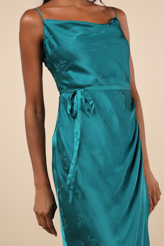 Lulus Sophisticated Sight Teal Green Satin Jacquard Cowl Midi Dress In Teal Green