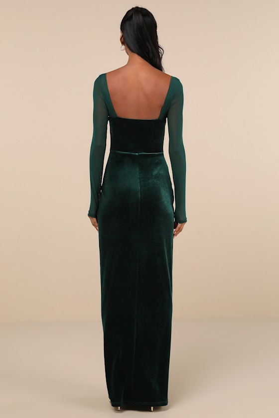 Lulus Certifiably Chic Emerald Velvet Mesh Long Sleeve Maxi Dress In Green