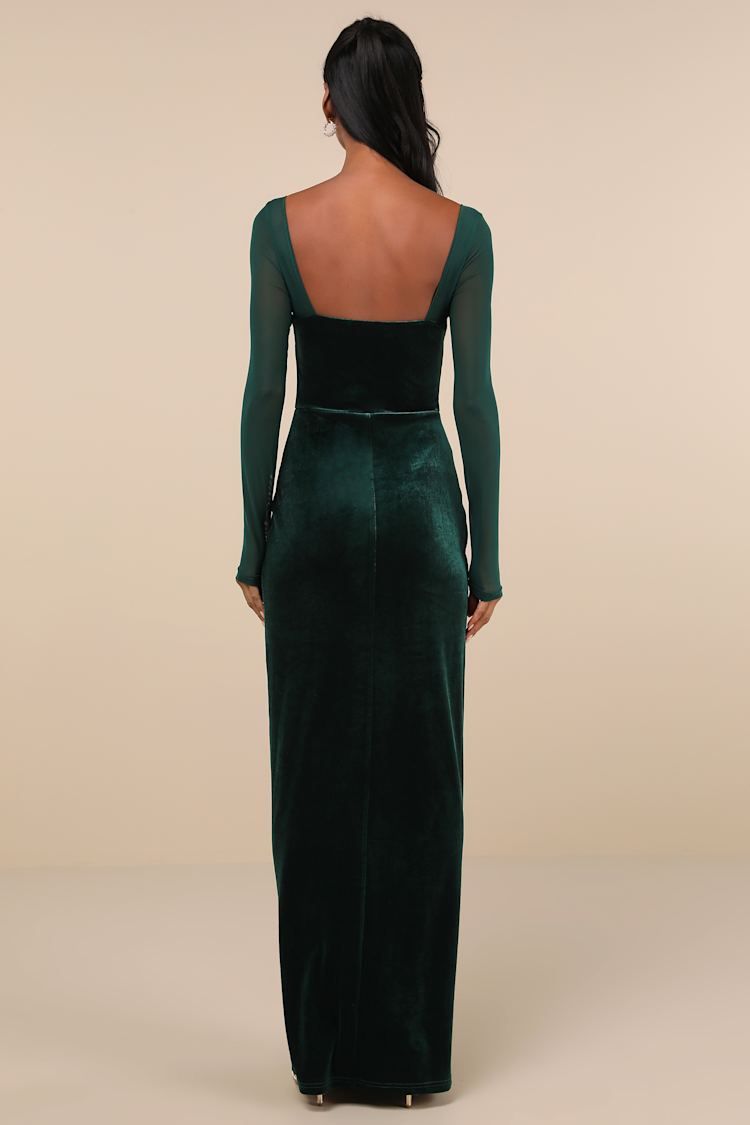 Certifiably Chic Emerald Velvet Mesh Long Sleeve Maxi Dress