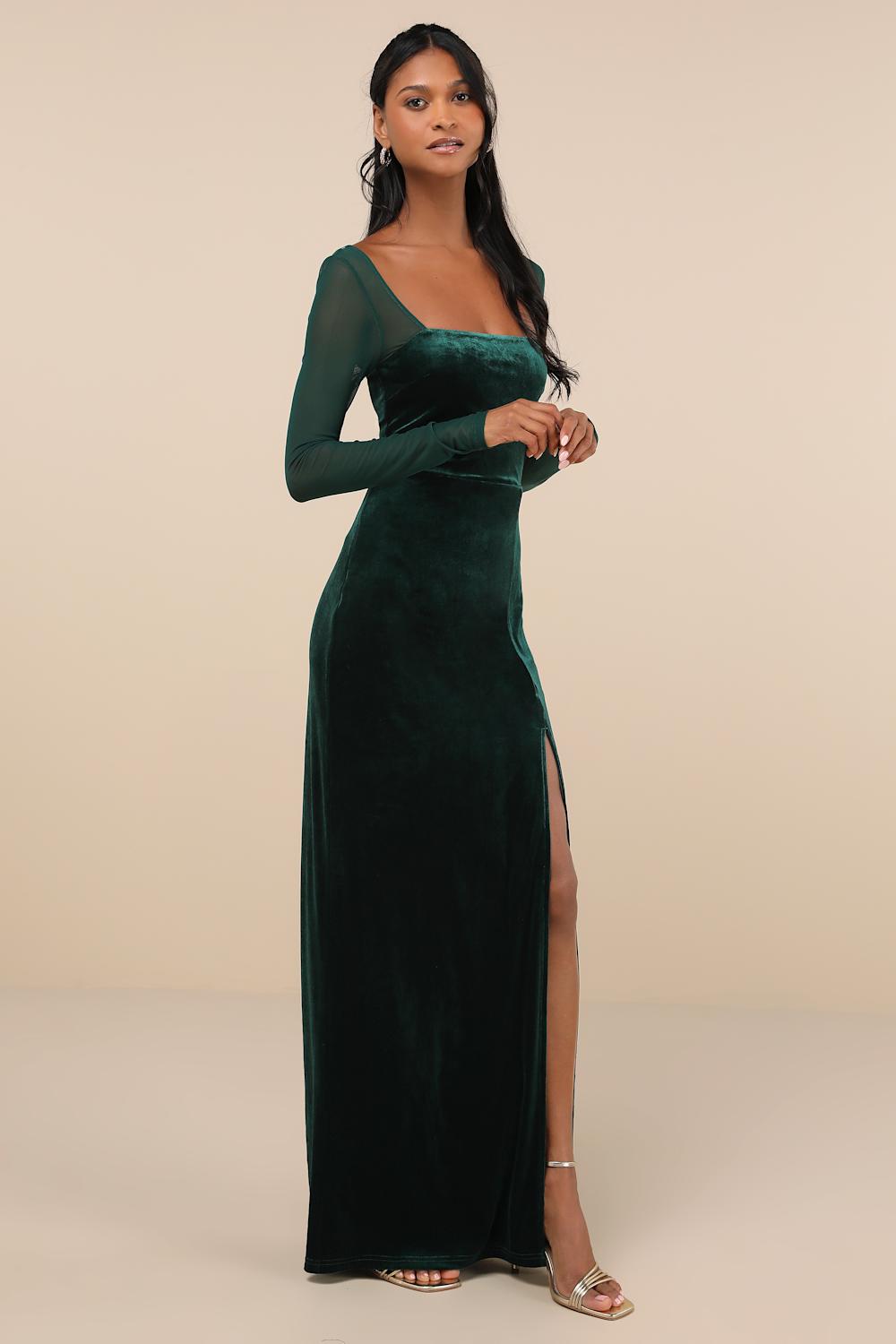 Certifiably Chic Emerald Velvet Mesh Long Sleeve Maxi Dress
