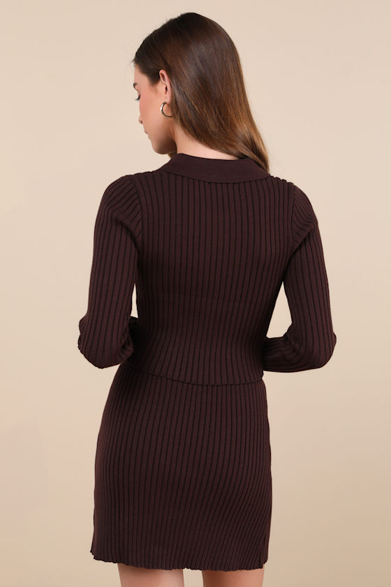 Lulus Too Perfect Dark Brown Collared Two-piece Sweater Mini Dress In Brown