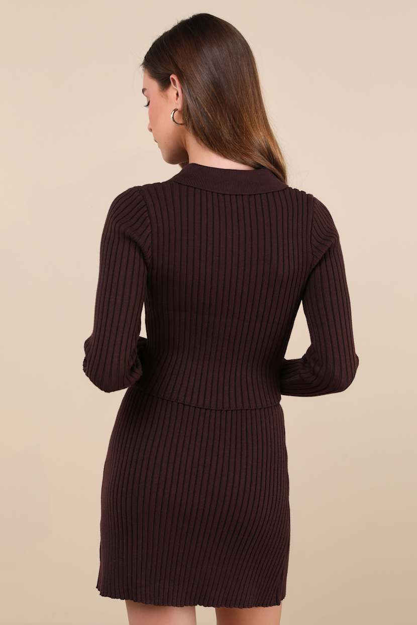 Too Perfect Dark Brown Collared Two-Piece Sweater Mini Dress