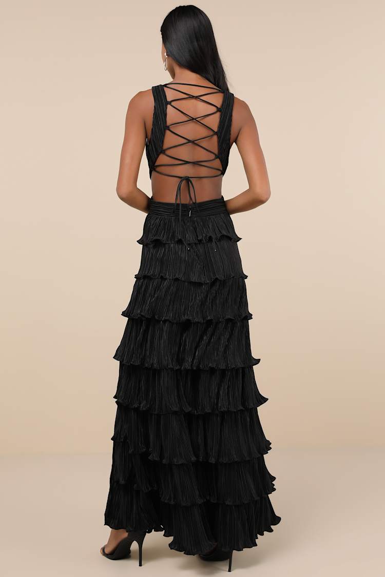 Beauty Icon Black Satin Pleated Tiered Lace-Up Maxi Dress