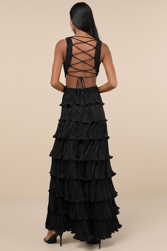 Beauty Icon Black Satin Pleated Tiered Lace-Up Maxi Dress 2