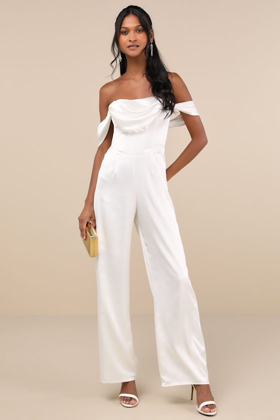 Lulus Unbelievable Aura White Satin Off-the-shoulder Jumpsuit In White