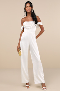 Unbelievable Aura White Satin Off-the-Shoulder Jumpsuit 2