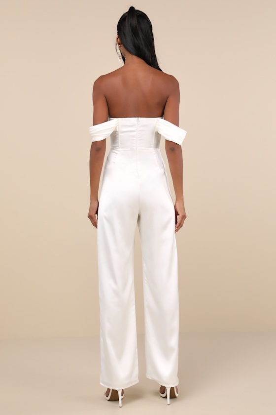 Unbelievable Aura White Satin Off-the-Shoulder Jumpsuit 3