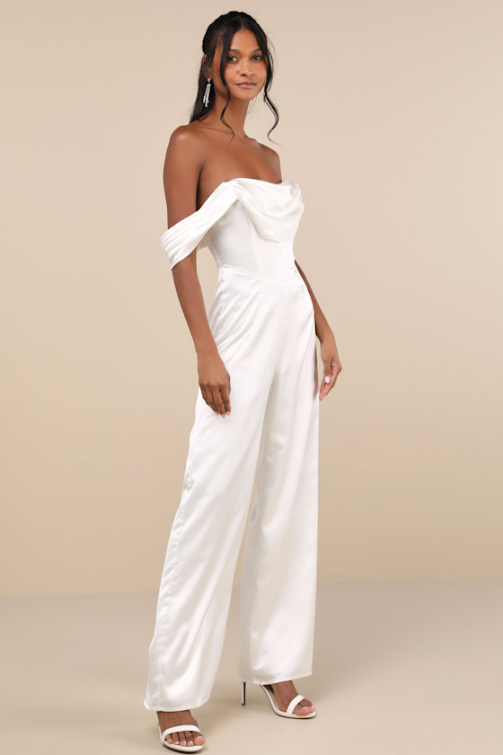 Lulus Unbelievable Aura White Satin Off-the-shoulder Jumpsuit In White