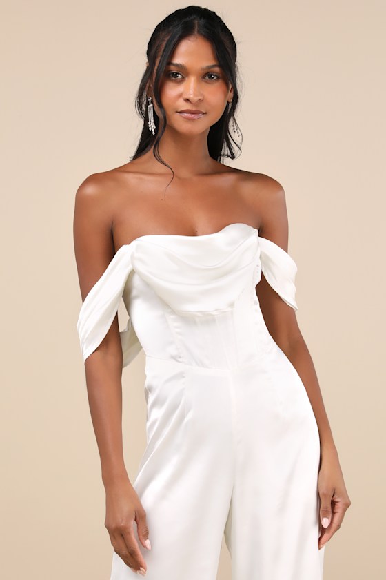 Lulus Unbelievable Aura White Satin Off-the-shoulder Jumpsuit In White
