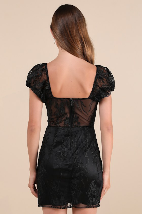 Lulus Seriously Cute Black Embroidered Mesh Puff Sleeve Mini Dress In Black
