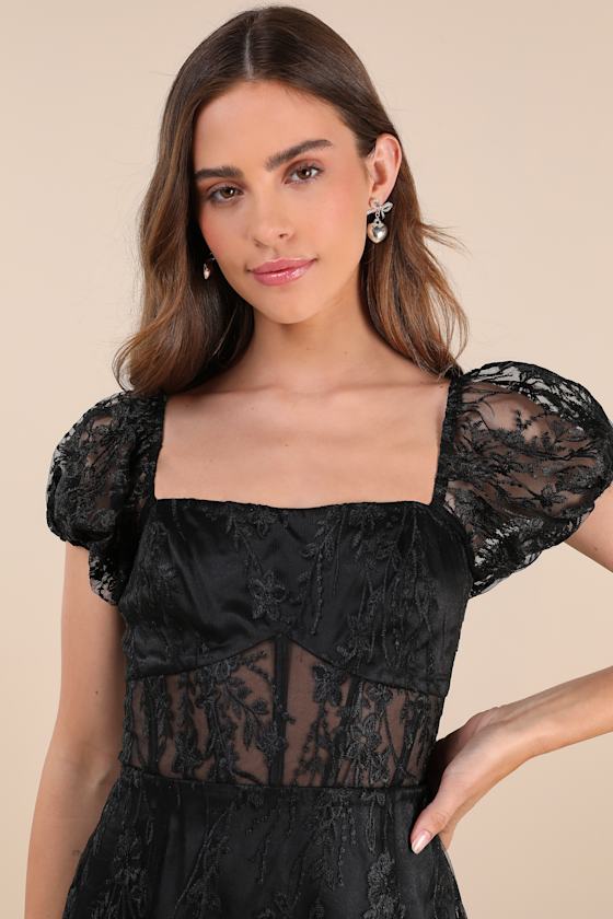 Lulus Seriously Cute Black Embroidered Mesh Puff Sleeve Mini Dress In Black