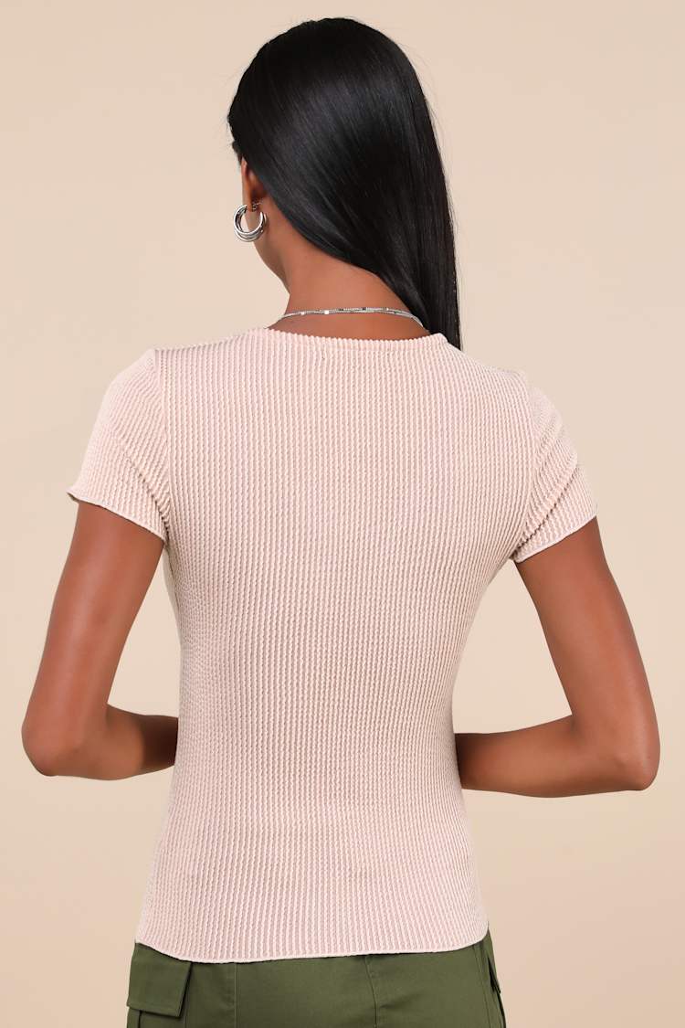 Cream Textured Top - Cream Ribbed Knit Top - Short Sleeve  display picture 3