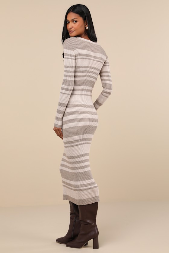Casual Aura Heathered Beige Striped Knit Long Sleeve Midi Dress 3