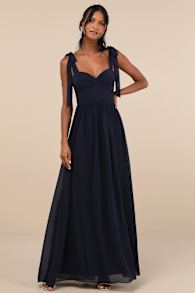 Radiant Charisma Navy Chiffon Ruched Tie-Strap Maxi Dress 4