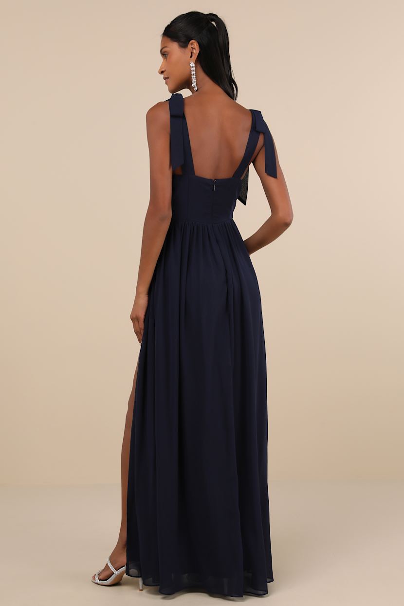 Radiant Charisma Navy Chiffon Ruched Tie-Strap Maxi Dress