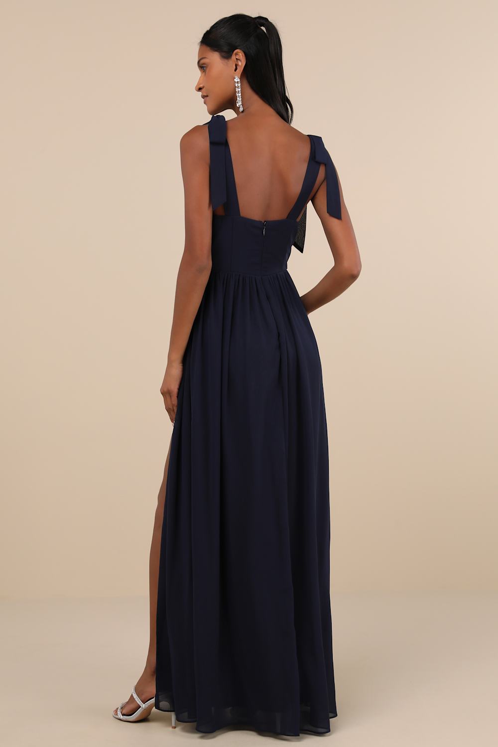 Radiant Charisma Navy Chiffon Ruched Tie-Strap Maxi Dress