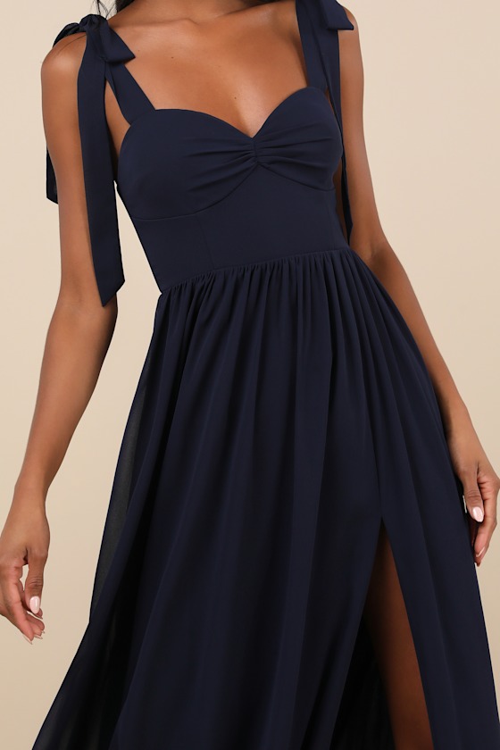 Lulus Radiant Charisma Navy Chiffon Ruched Tie-strap Maxi Dress In Navy
