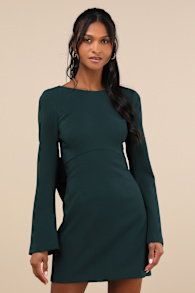 Elegant Cutie Emerald Bow Long Sleeve Backless Mini Dress 4