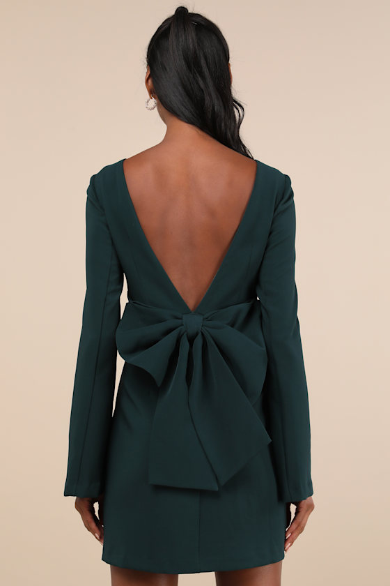 Lulus Elegant Cutie Emerald Bow Long Sleeve Backless Mini Dress In Green