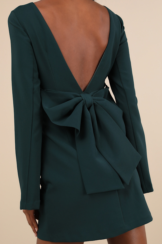 Lulus Elegant Cutie Emerald Bow Long Sleeve Backless Mini Dress In Green