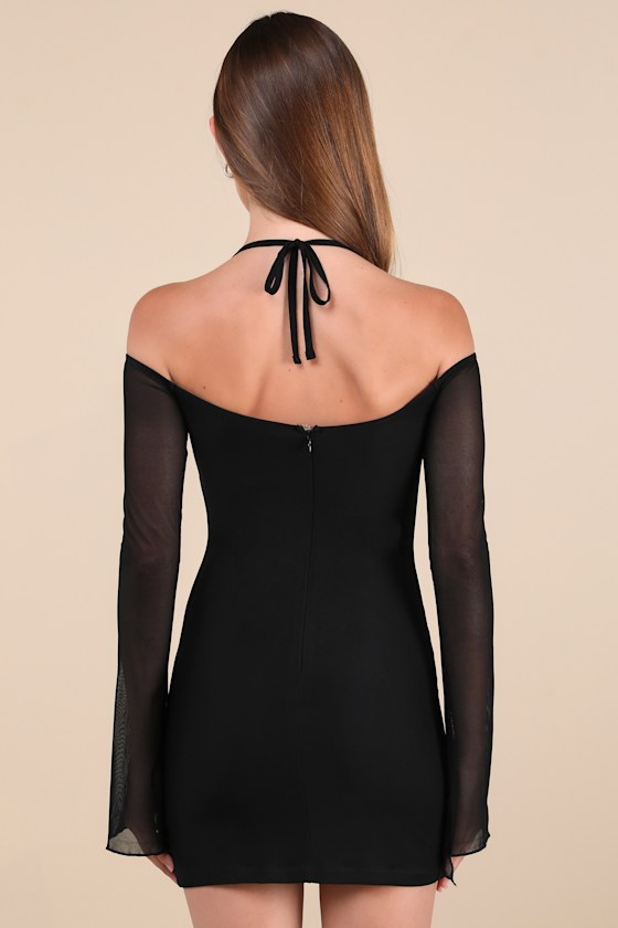 Flirty Silhouette Black Mesh Long Sleeve Halter Mini Dress 3