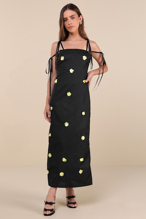 Fanciful Flower Black Jacquard Flower Tie-Strap Midi Dress 5