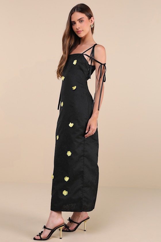 Fanciful Flower Black Jacquard Flower Tie-Strap Midi Dress 7
