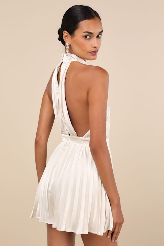Lulus Seriously Stunning Cream Satin Pleated Backless Romper In White