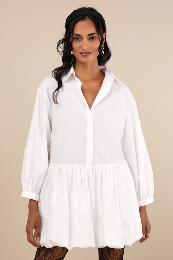 Lulus Sophisticated Delight White Collared Bubble Hem Mini Dress In White