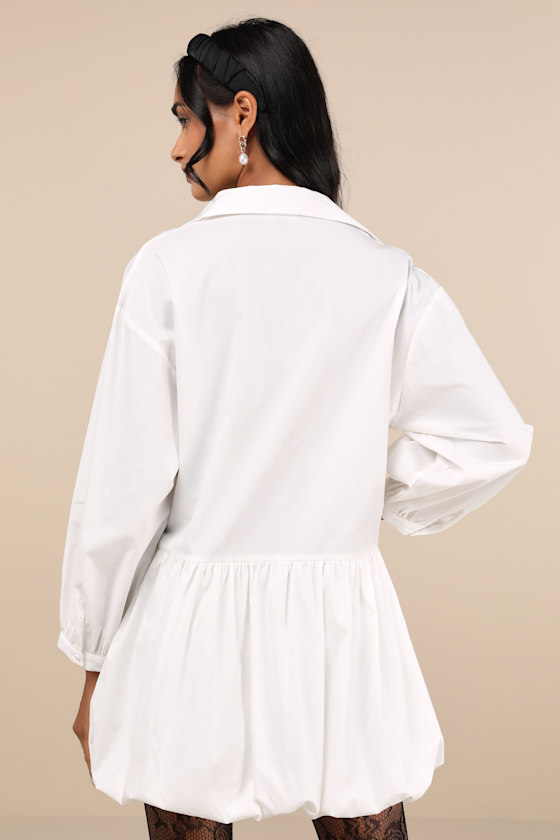 Lulus Sophisticated Delight White Collared Bubble Hem Mini Dress In White