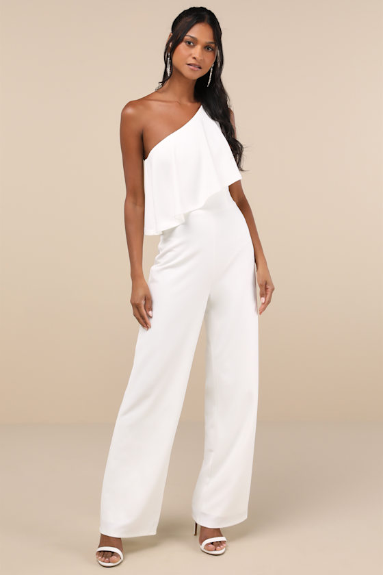 Flawless Vibes White One-Shoulder Tiered Wide-Leg Jumpsuit 2