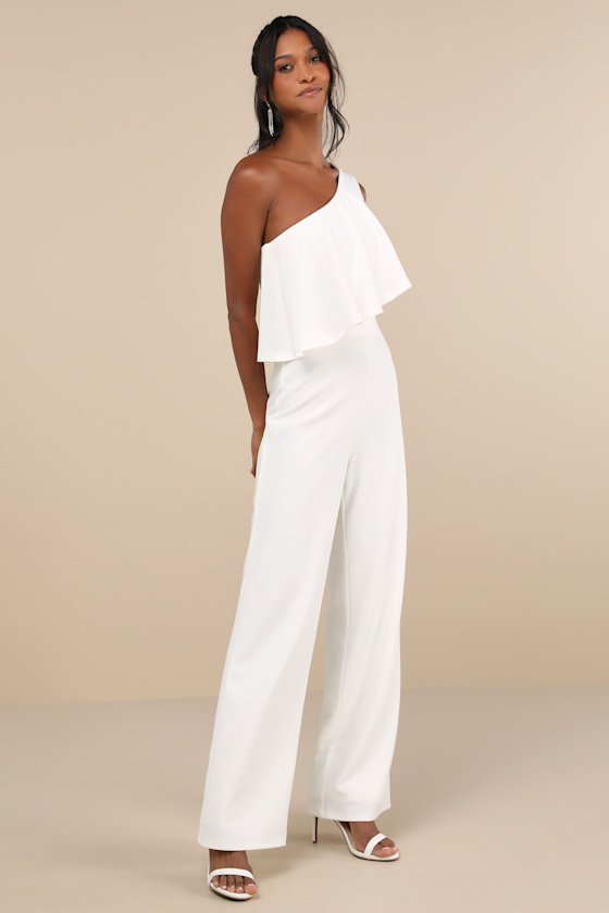 LULUS FLAWLESS VIBES WHITE ONE-SHOULDER TIERED WIDE-LEG JUMPSUIT