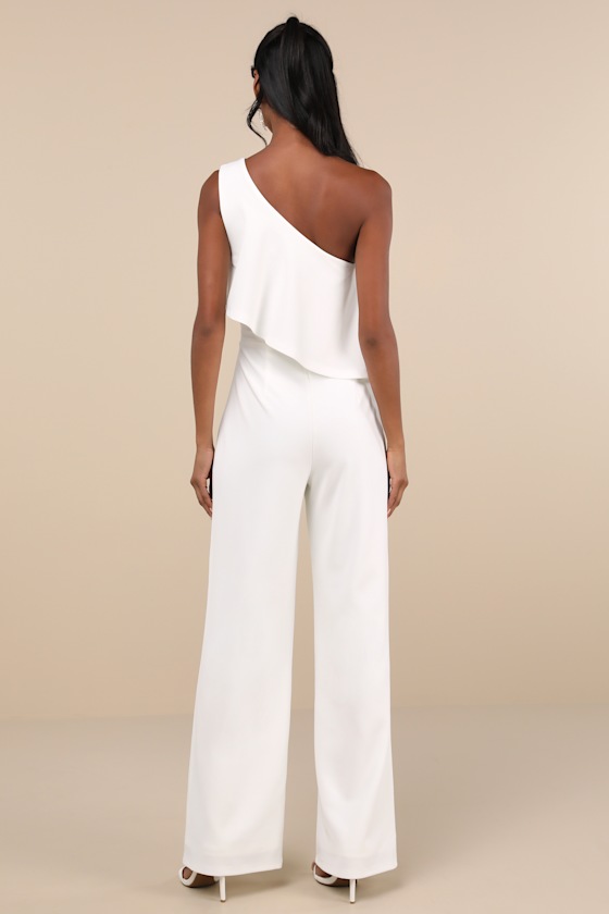 LULUS FLAWLESS VIBES WHITE ONE-SHOULDER TIERED WIDE-LEG JUMPSUIT