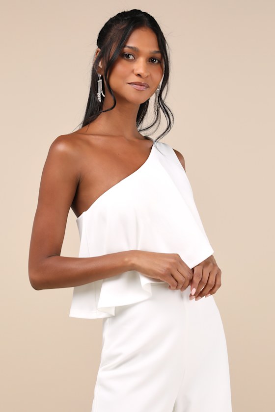 LULUS FLAWLESS VIBES WHITE ONE-SHOULDER TIERED WIDE-LEG JUMPSUIT