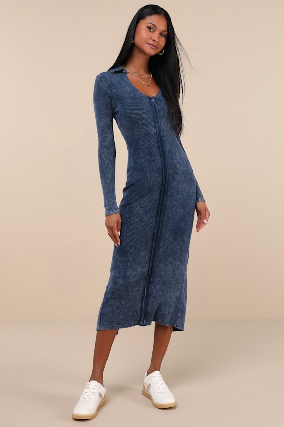 LULUS EFFORTLESSLY PRISTINE WASHED NAVY RIBBED LONG SLEEVE MIDI DRESS