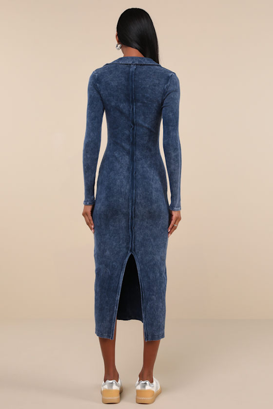 LULUS EFFORTLESSLY PRISTINE WASHED NAVY RIBBED LONG SLEEVE MIDI DRESS