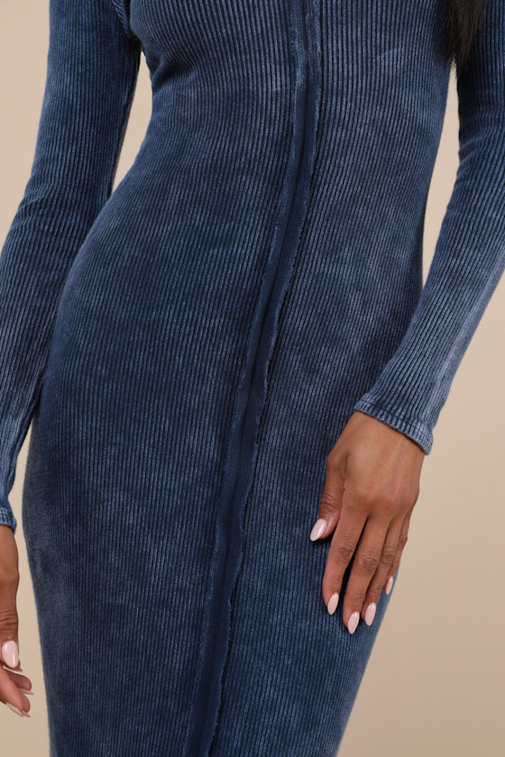 LULUS EFFORTLESSLY PRISTINE WASHED NAVY RIBBED LONG SLEEVE MIDI DRESS