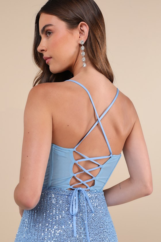 Lulus Bold Aesthetic Blue Sequin Lace-up Bodycon Mini Dress In Blue