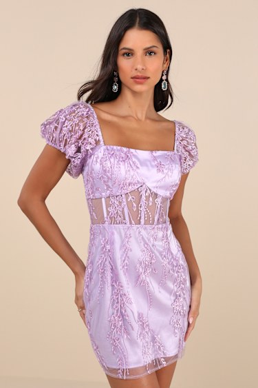 Seriously Cute Lavender Embroidered Mesh Puff Sleeve Mini Dress